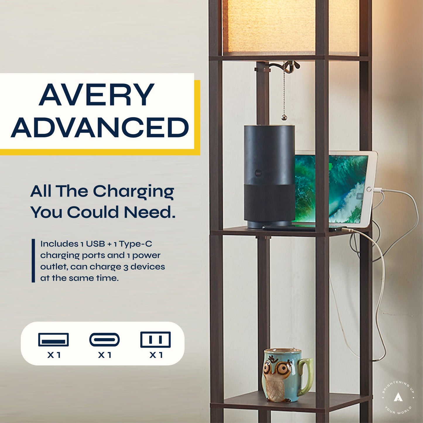 Avery Advanced 72" Floor Lamp With Shelves & Charging Station