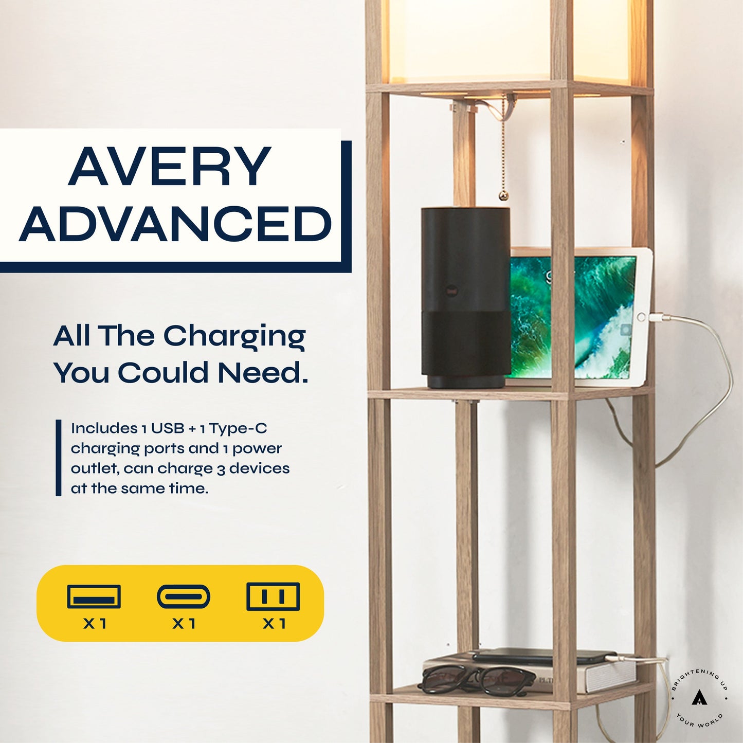 Avery Advanced 72" Floor Lamp With Shelves & Charging Station