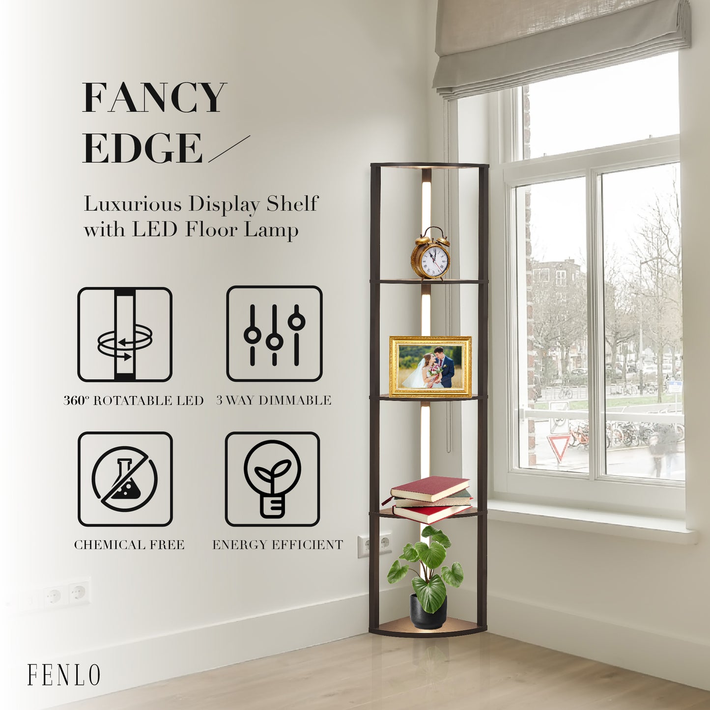 FENLO Fancy Edge Dimmable Corner Display Shelf With Integrated LED Lights
