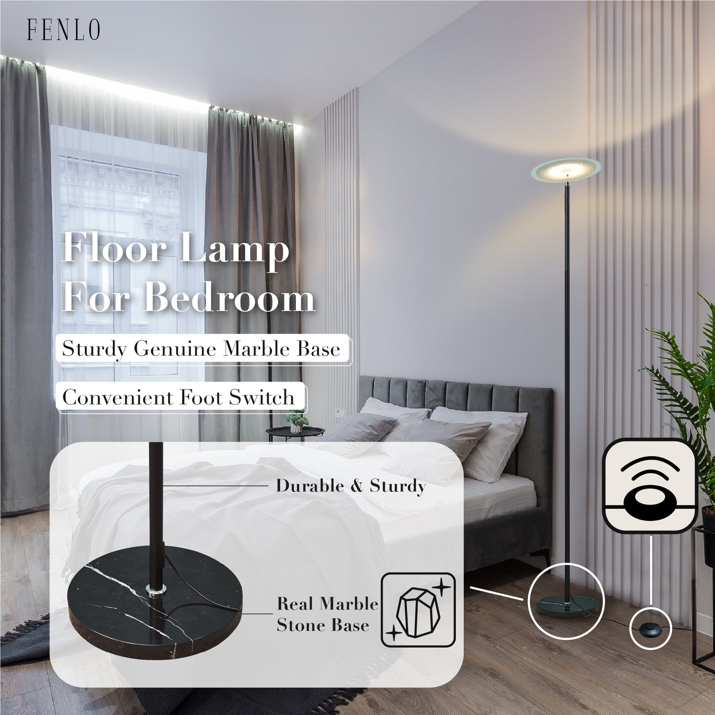 FENLO Falon Dimmable Torchiere Floor Lamp With Black Marble Base
