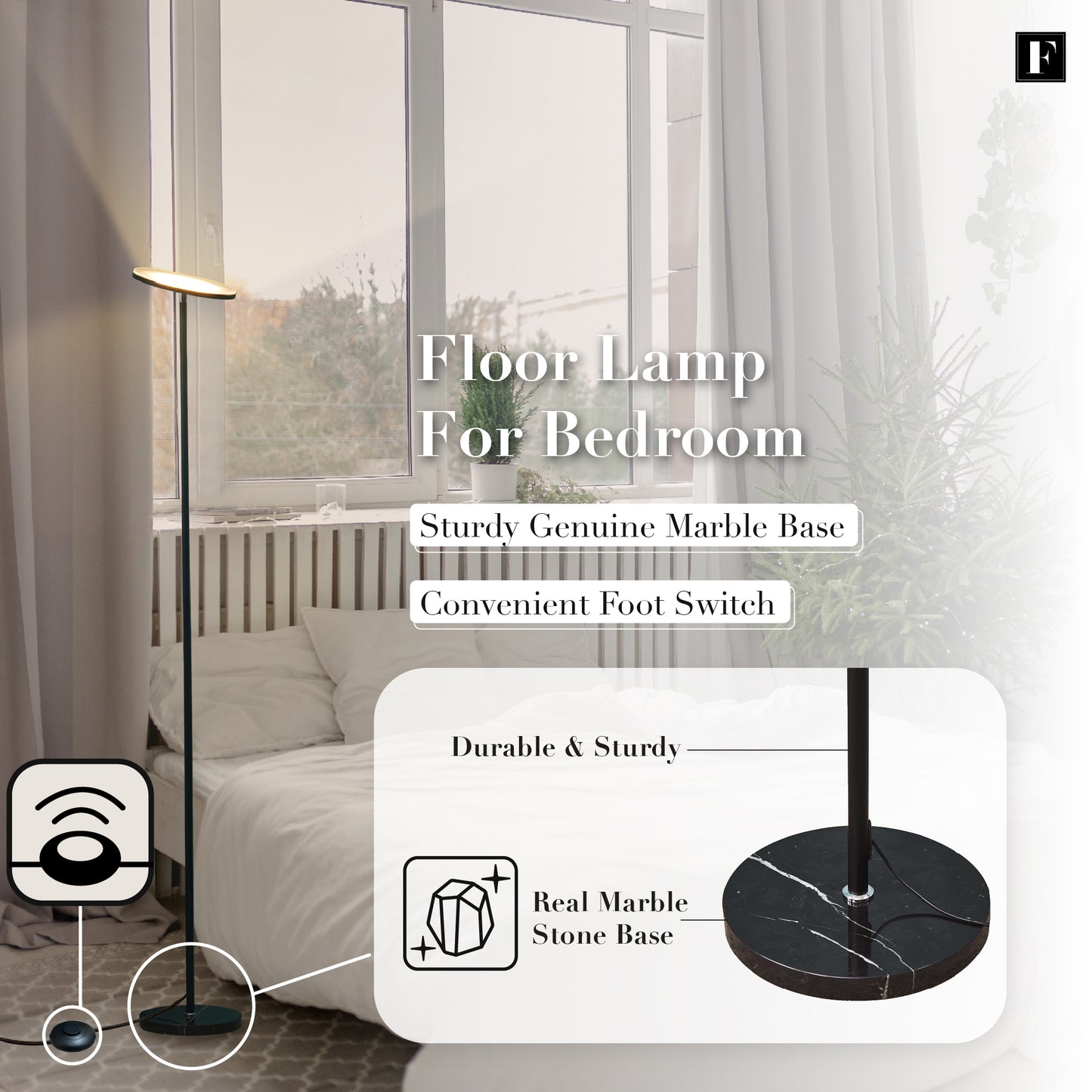 FENLO Felton Dimmable LED Torchiere Floor Lamp with Black Marble Base