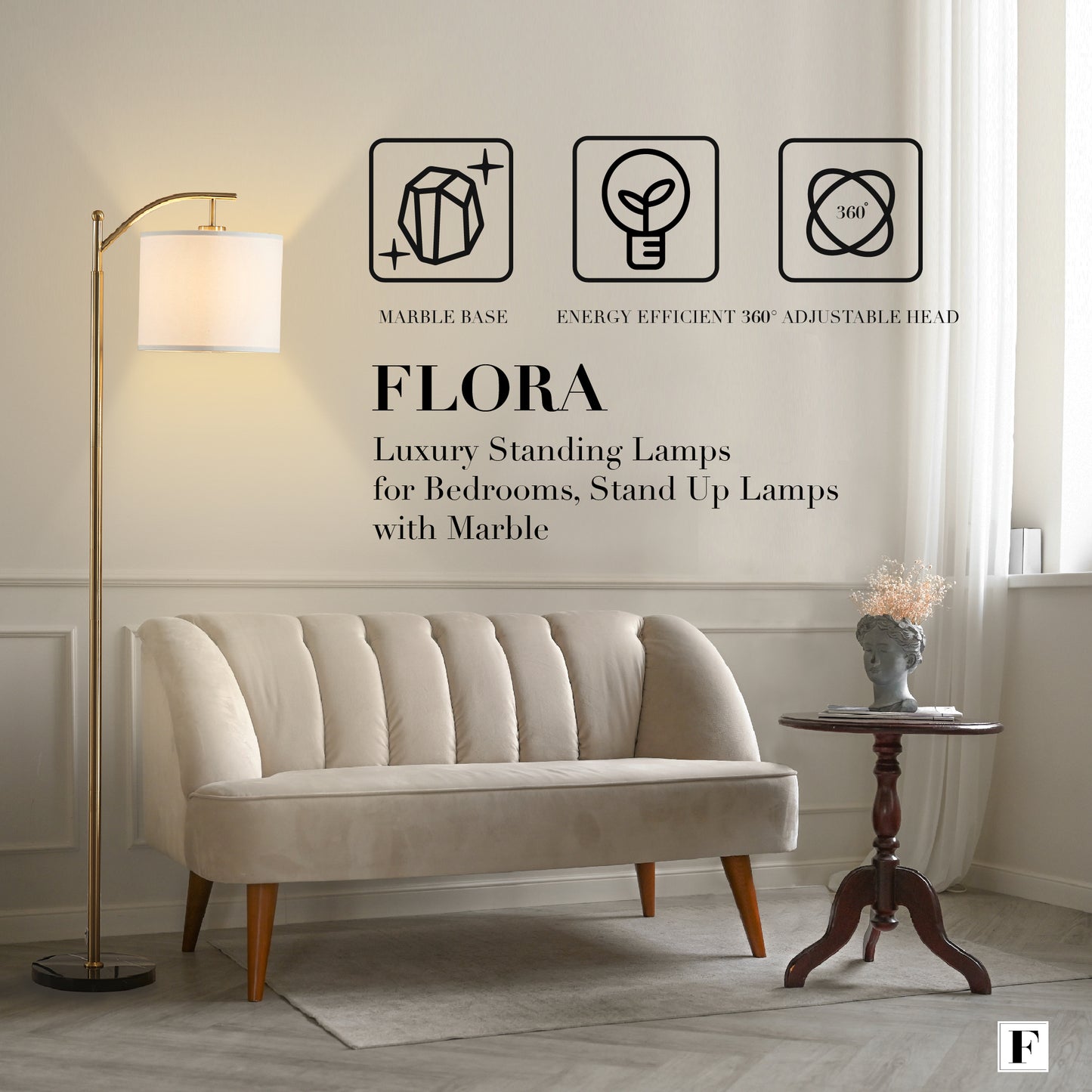 FENLO Flora Arc Minimalist Floor Lamp With Black Marble Base