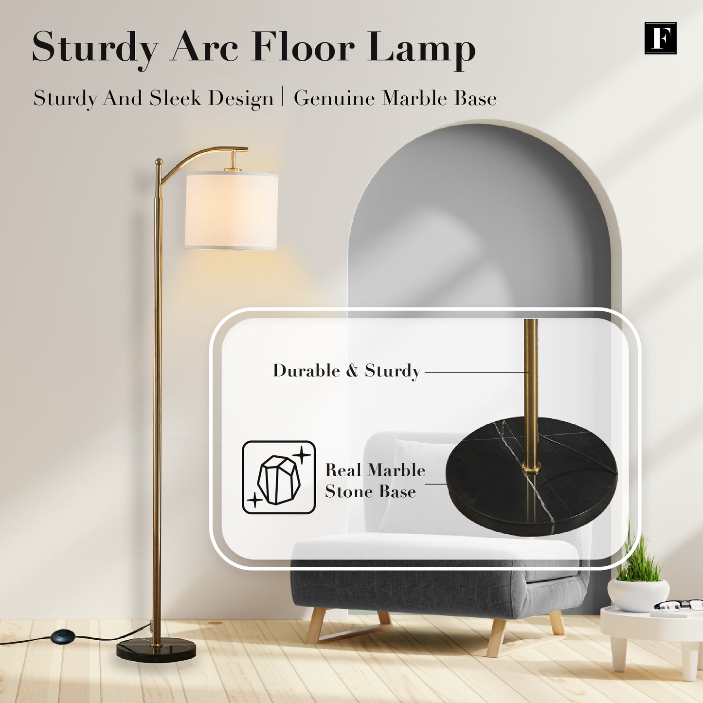 FENLO Flora Arc Minimalist Floor Lamp With Black Marble Base