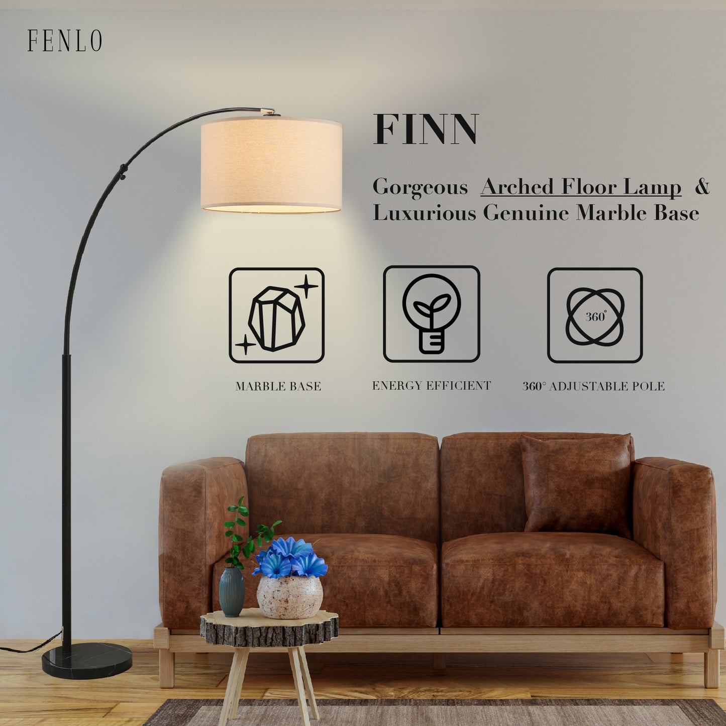 FENLO Finn Adjustable Arc Floor Lamp With Black Marble Base