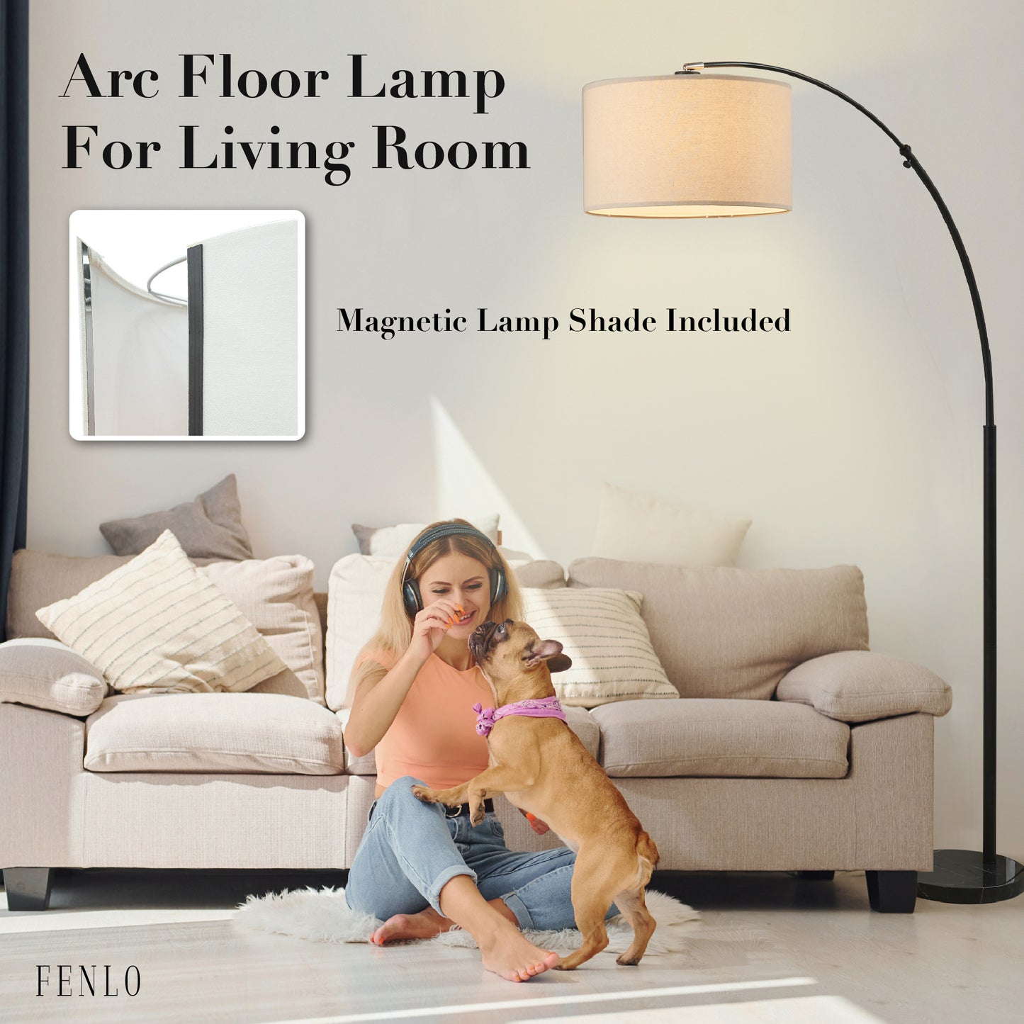 FENLO Finn Adjustable Arc Floor Lamp With Black Marble Base