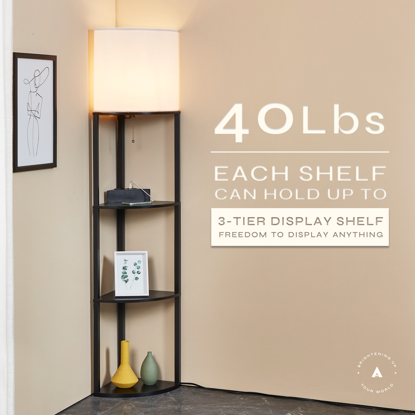 Alvis Edge Charging - Floor Lamp with Shelves and USB Ports
