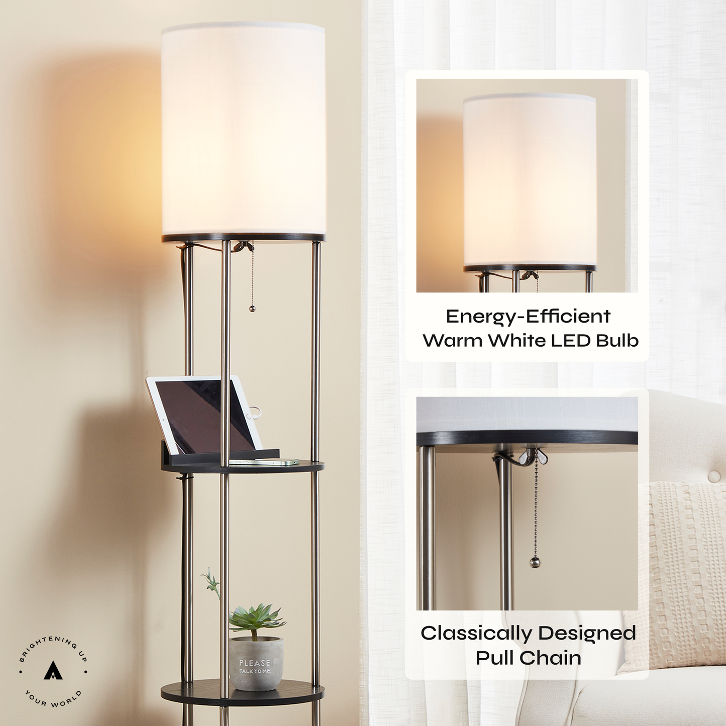 Aria Charger Edition - Modern Floor Lamp with Shelves and Charging Station