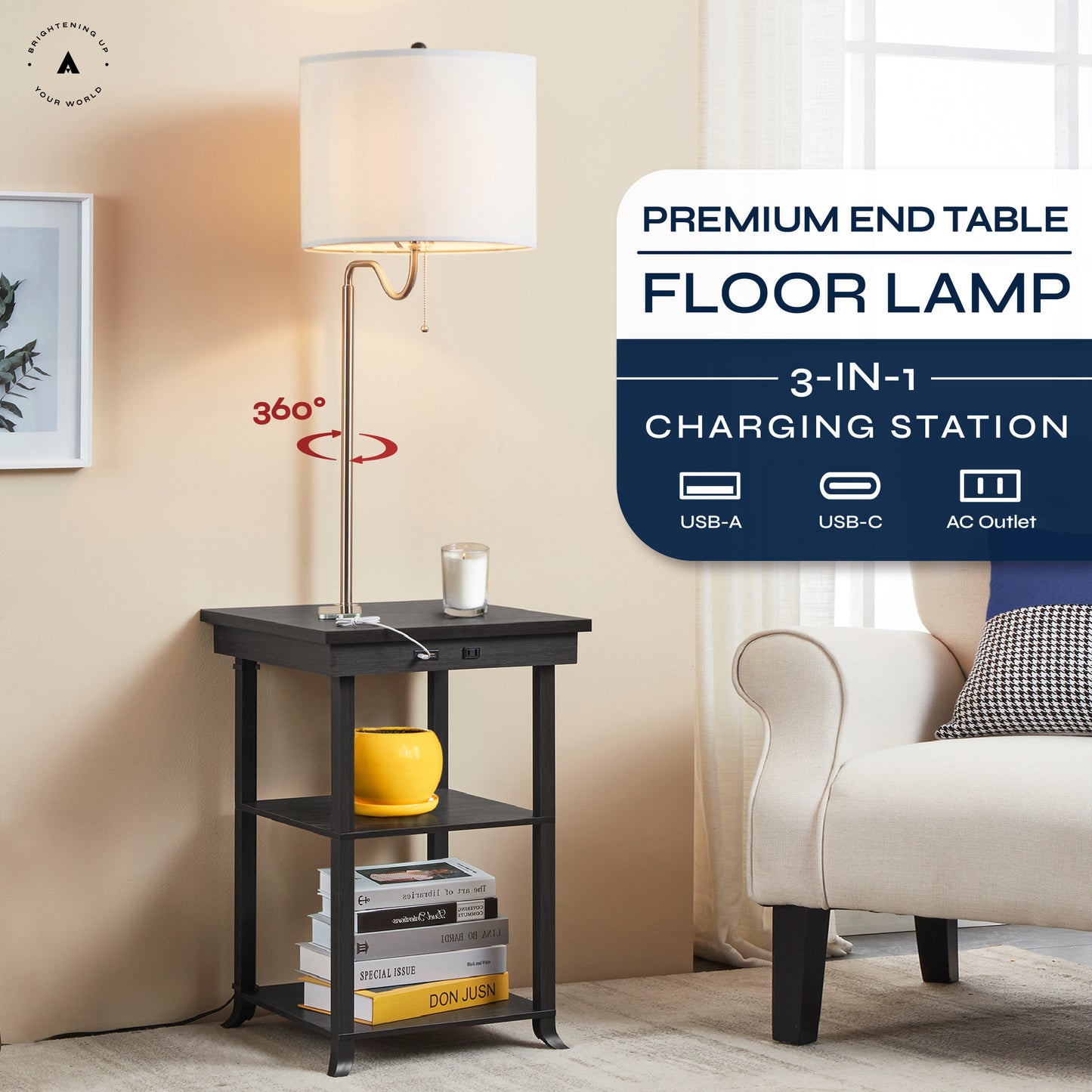 Ava Nightstand End Table with Lamp and USB-C Charging Station