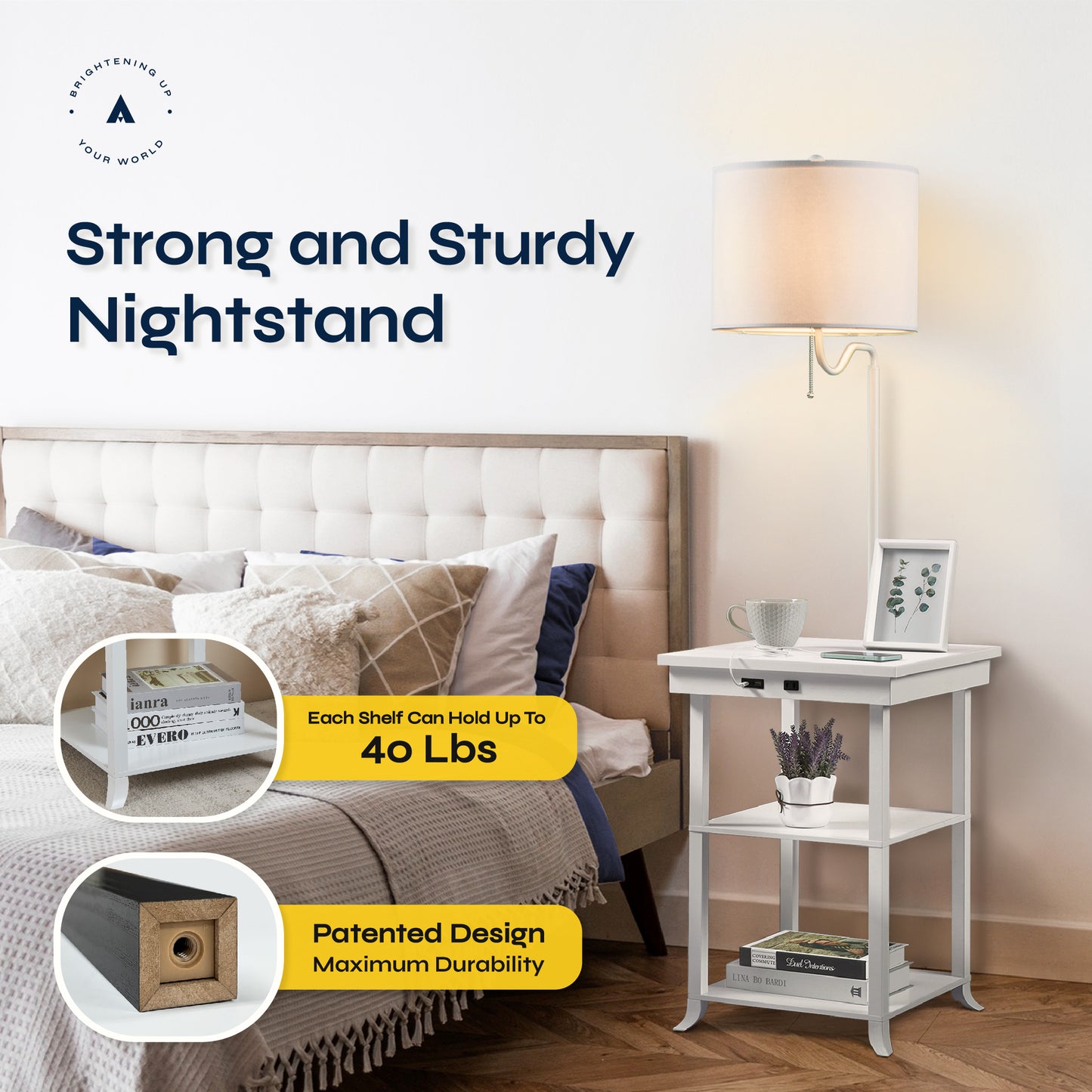 Ava Nightstand End Table with Lamp and USB-C Charging Station