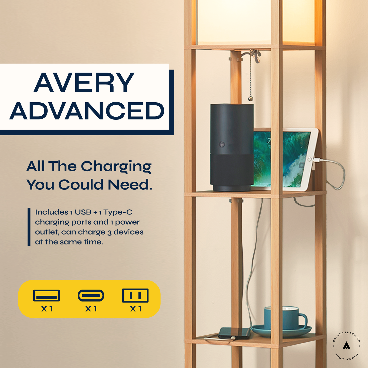 Avery Advanced 72" Floor Lamp With Shelves and Charging Station