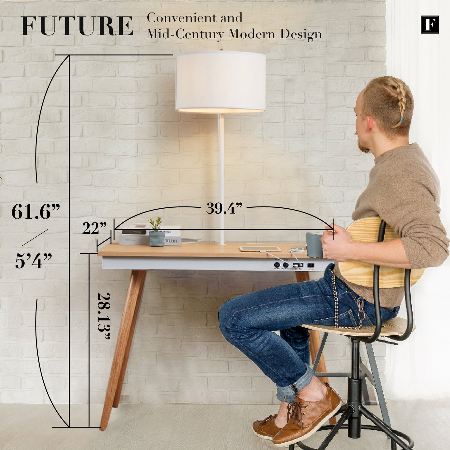 FENLO Future Mid-Century Modern Desk with Charging Station