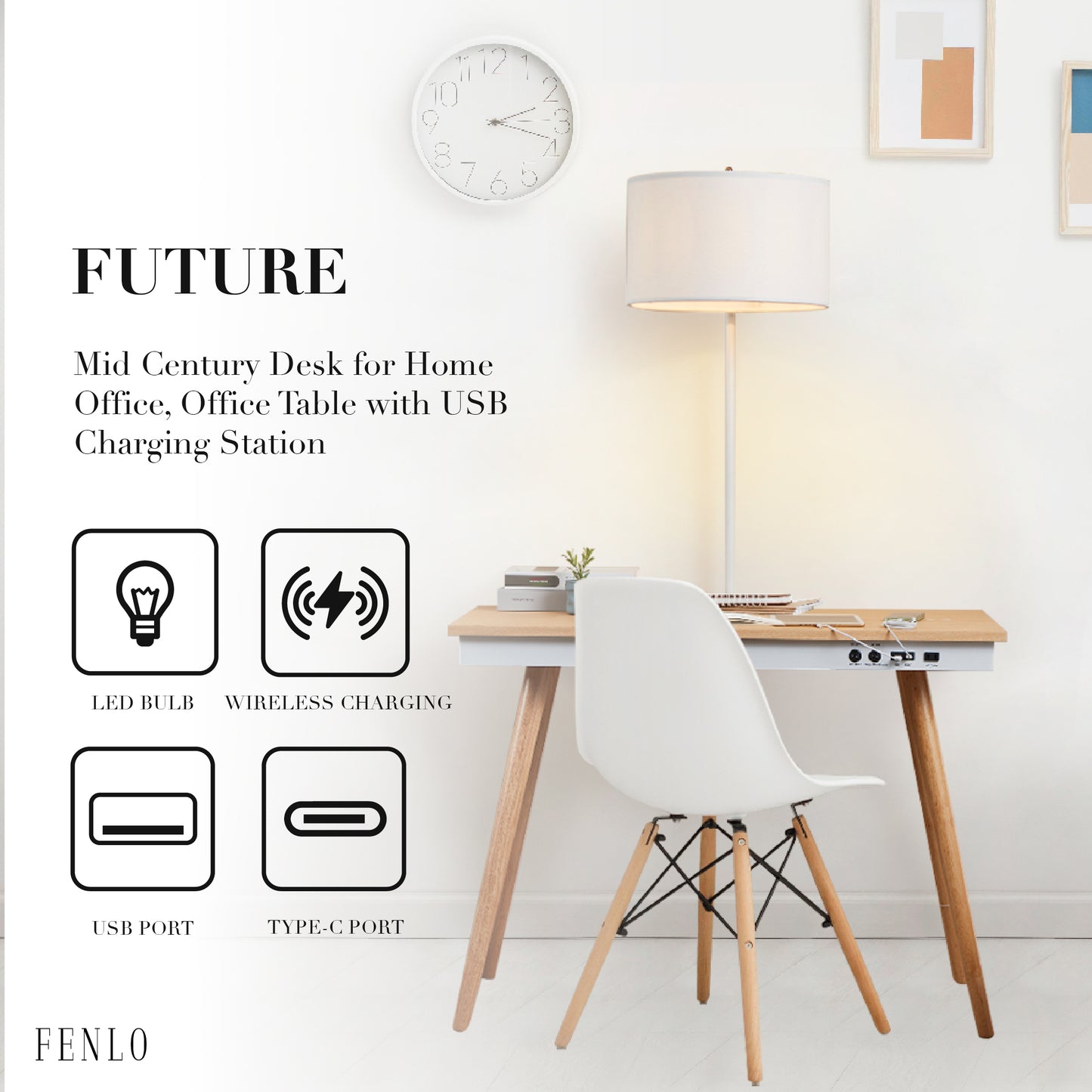 FENLO Future Mid-Century Modern Desk with Charging Station