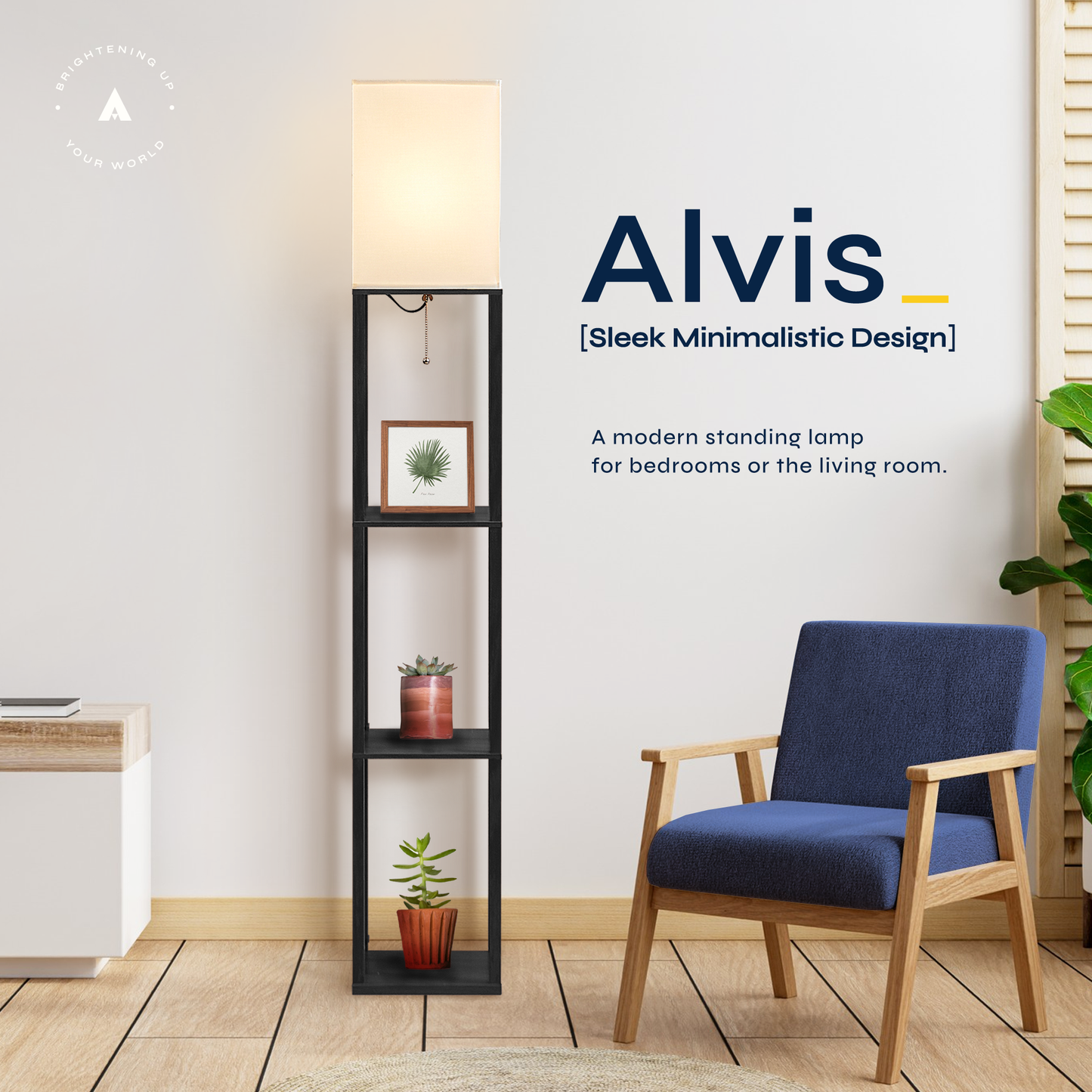 Alvis Minimalistic LED Floor Lamp with Display Shelves